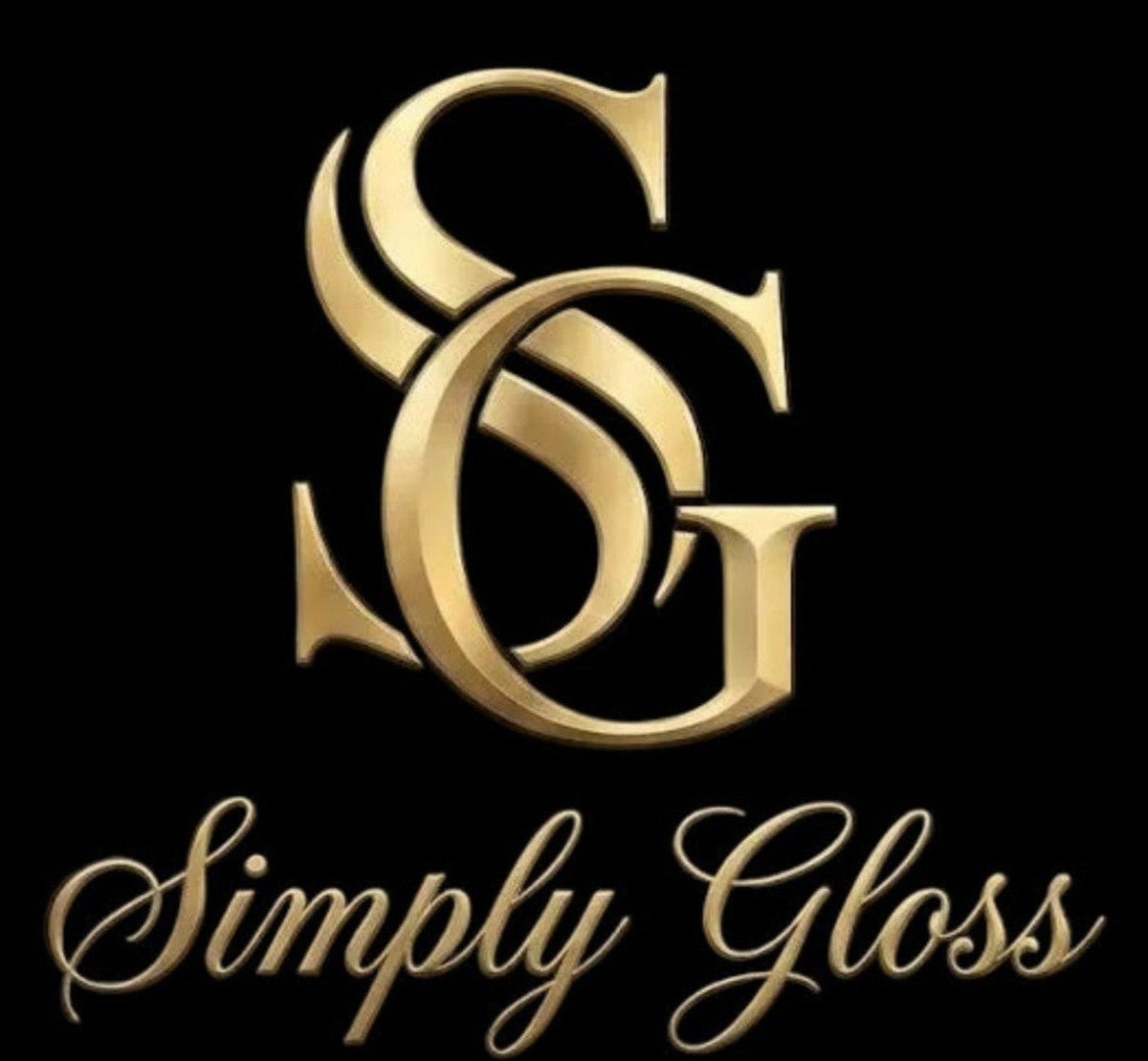 Gold 'Simply Gloss' logo on a black background