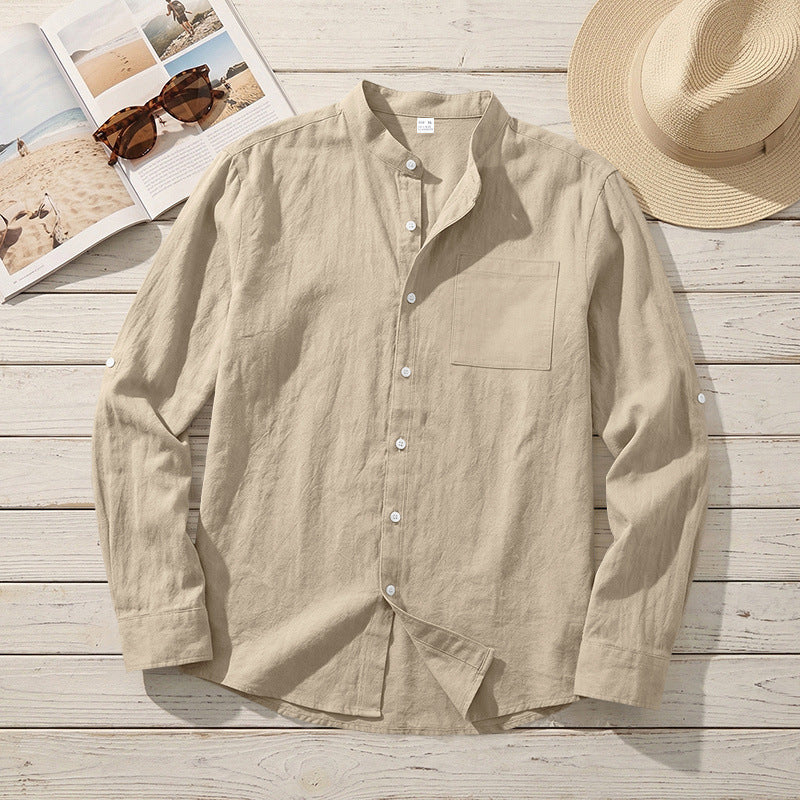 Men's American-Style Linen Blend Shirt – Stand-Up Collar Relaxed Fit