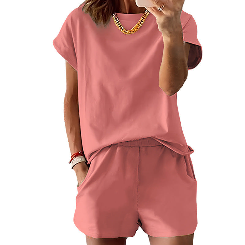 Women's Short-Sleeve Shorts Set – Summer Round Neck Two-Piece