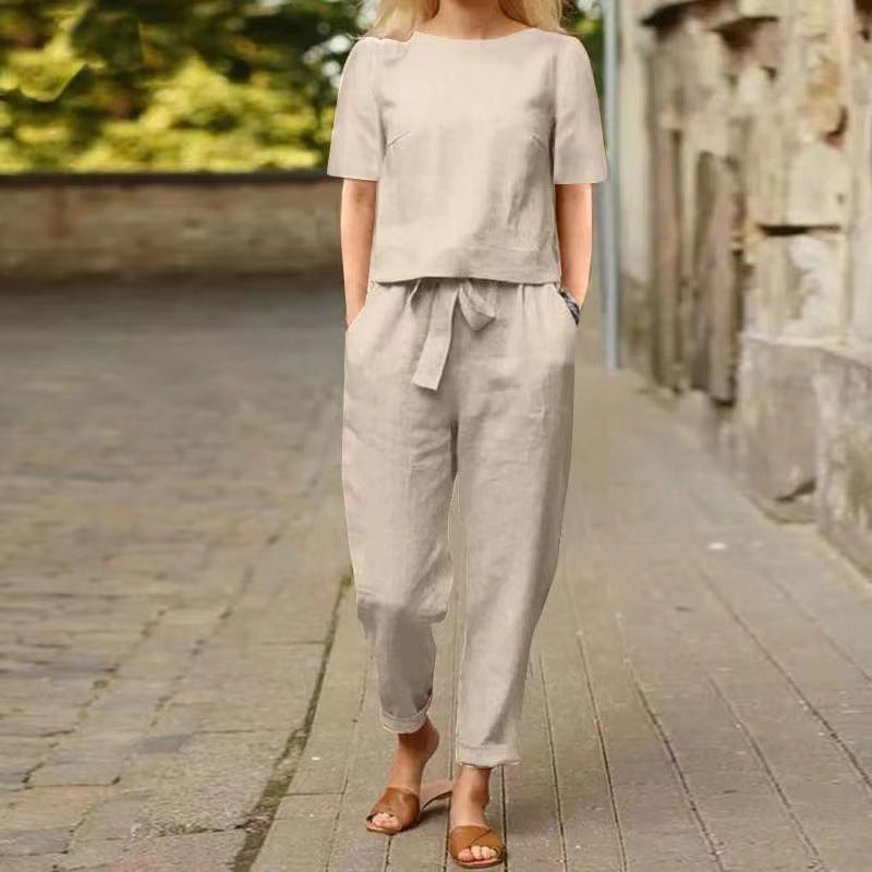 Women's Linen Cotton Summer Set – Short Sleeve Vintage Two-Piece with Capri Pants