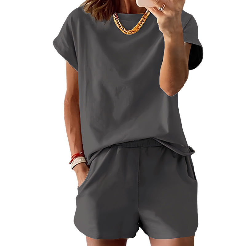 Women's Short-Sleeve Shorts Set – Summer Round Neck Two-Piece