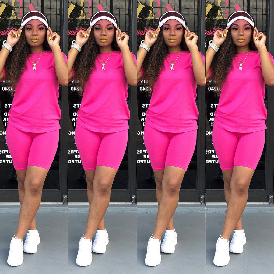 Summer Solid Color Two-Piece Set – Short Sleeve T-Shirt & Culotte Shorts
