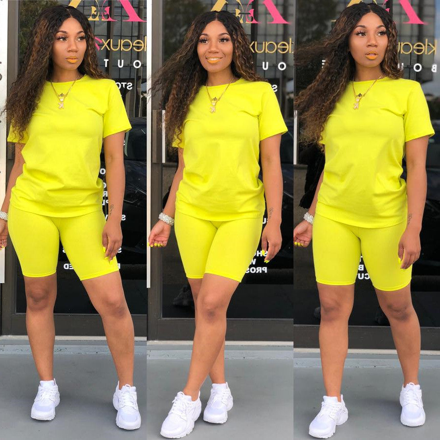 Summer Solid Color Two-Piece Set – Short Sleeve T-Shirt & Culotte Shorts