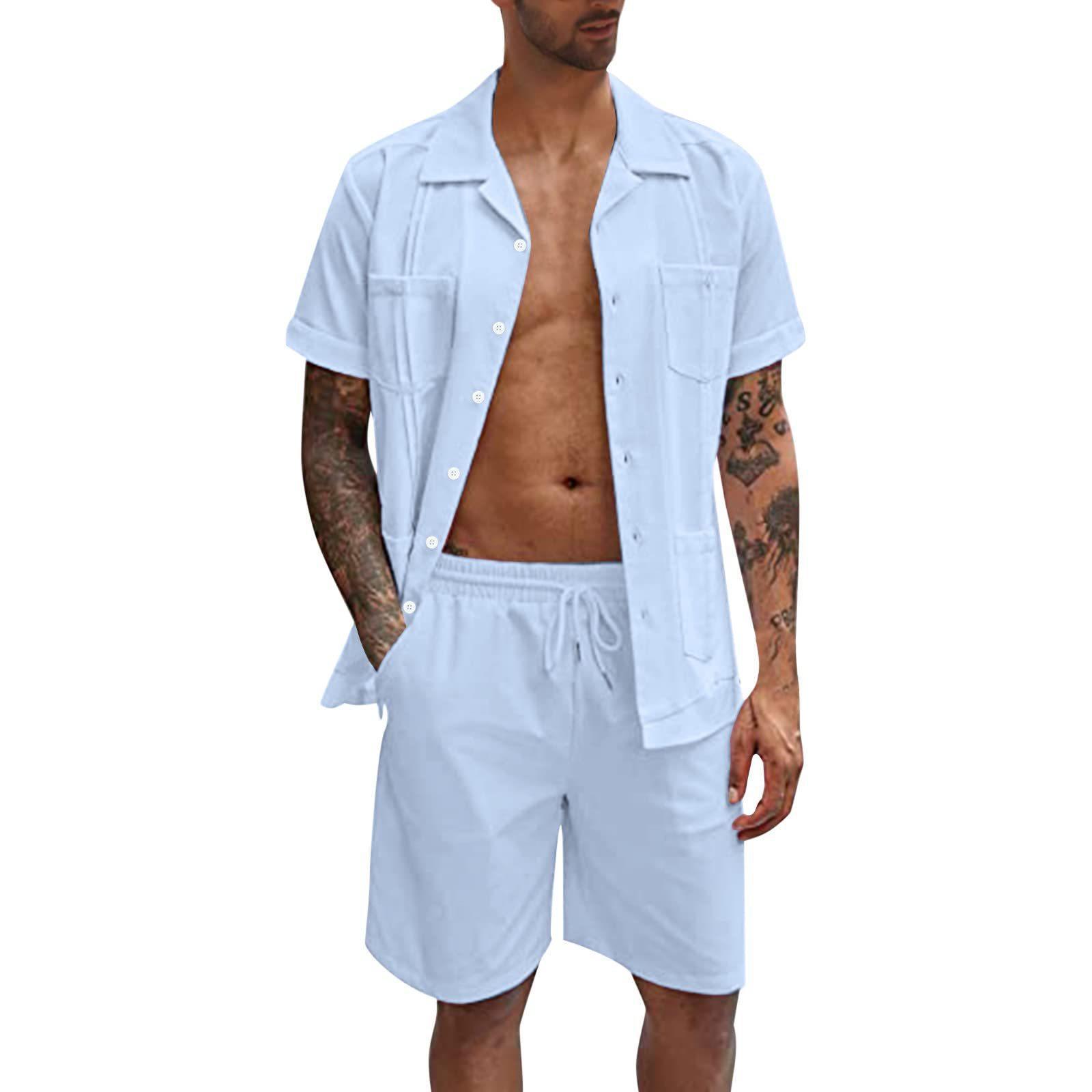 Men's Linen Short Sleeve Shirt & Shorts Set – Loose Casual Summer Two-Piece