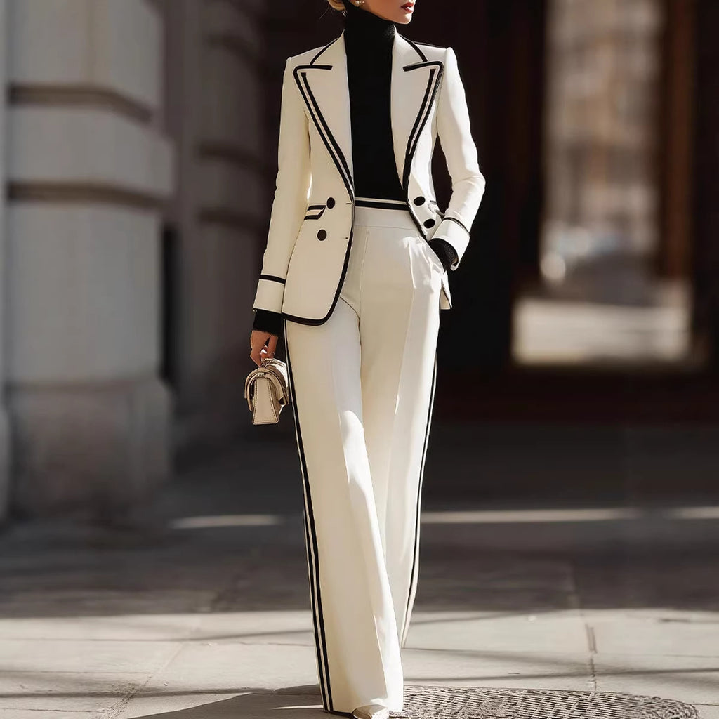 Women's Double Breasted Blazer & Suit Pants Set – Color Block Long Sleeve