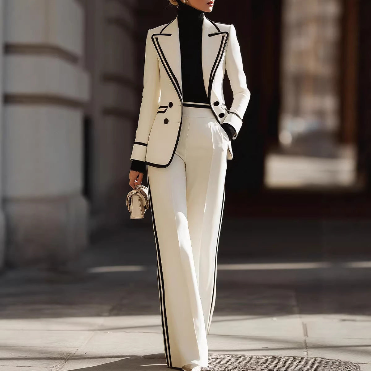 Women's Double Breasted Blazer & Suit Pants Set – Color Block Long Sleeve