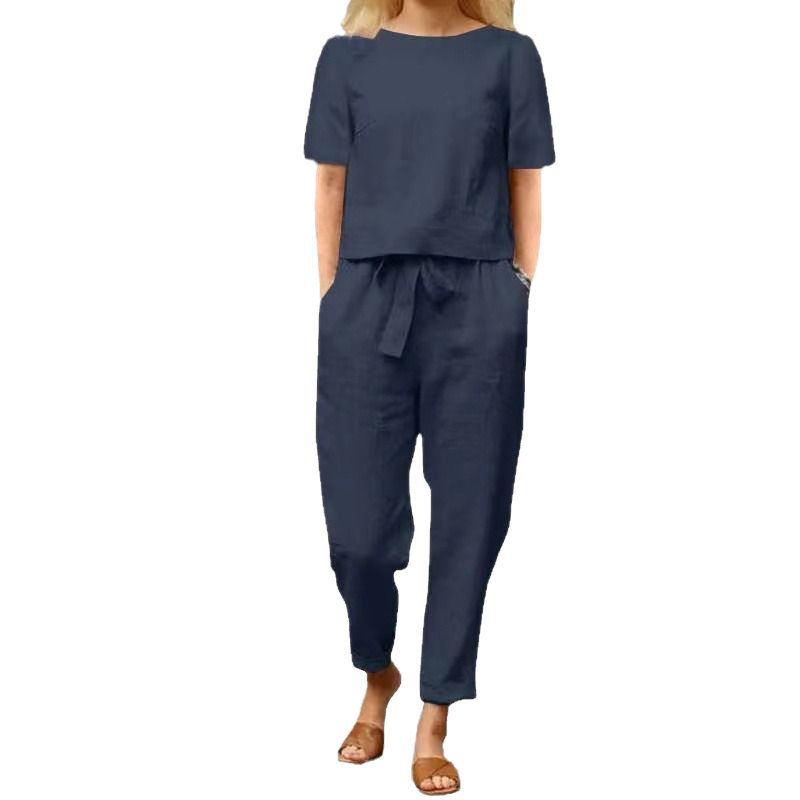 Women's Linen Cotton Summer Set – Short Sleeve Vintage Two-Piece with Capri Pants