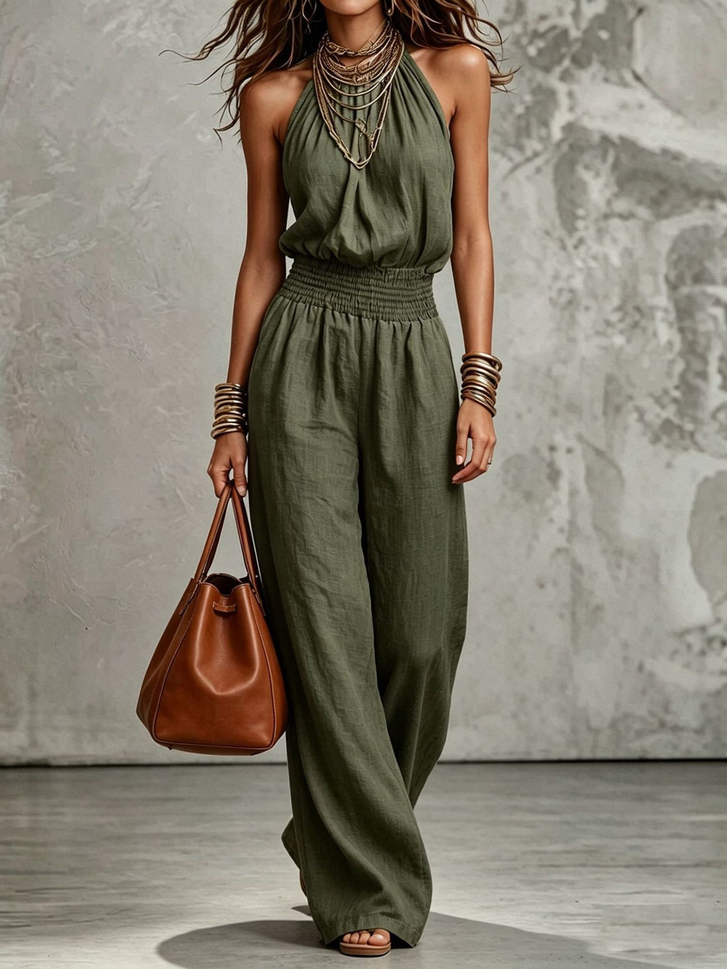Halter Lace-Up Wide-Leg Jumpsuit