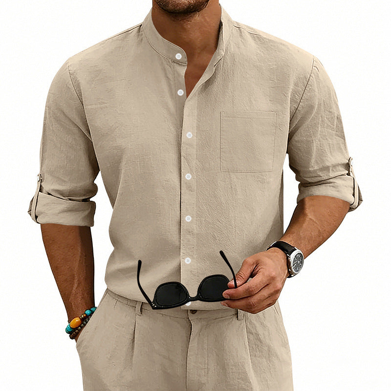 Men's American-Style Linen Blend Shirt – Stand-Up Collar Relaxed Fit