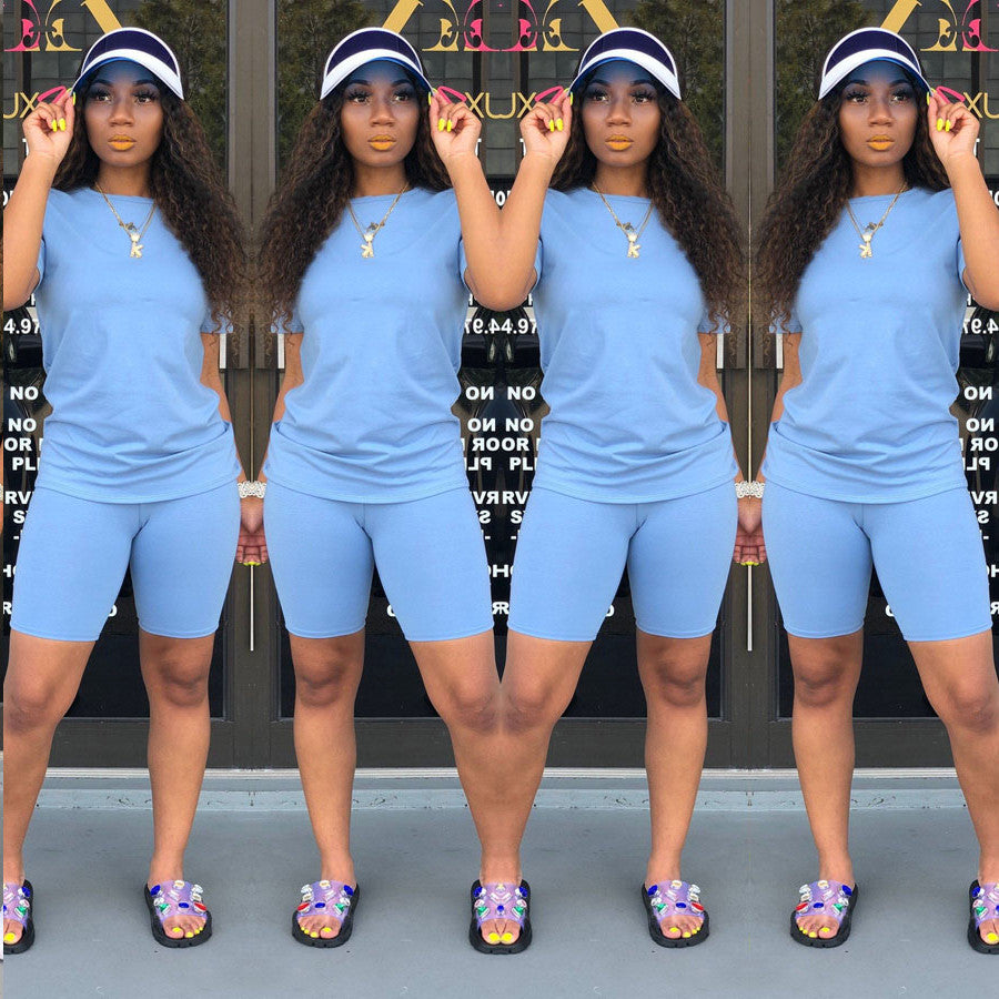 Summer Solid Color Two-Piece Set – Short Sleeve T-Shirt & Culotte Shorts