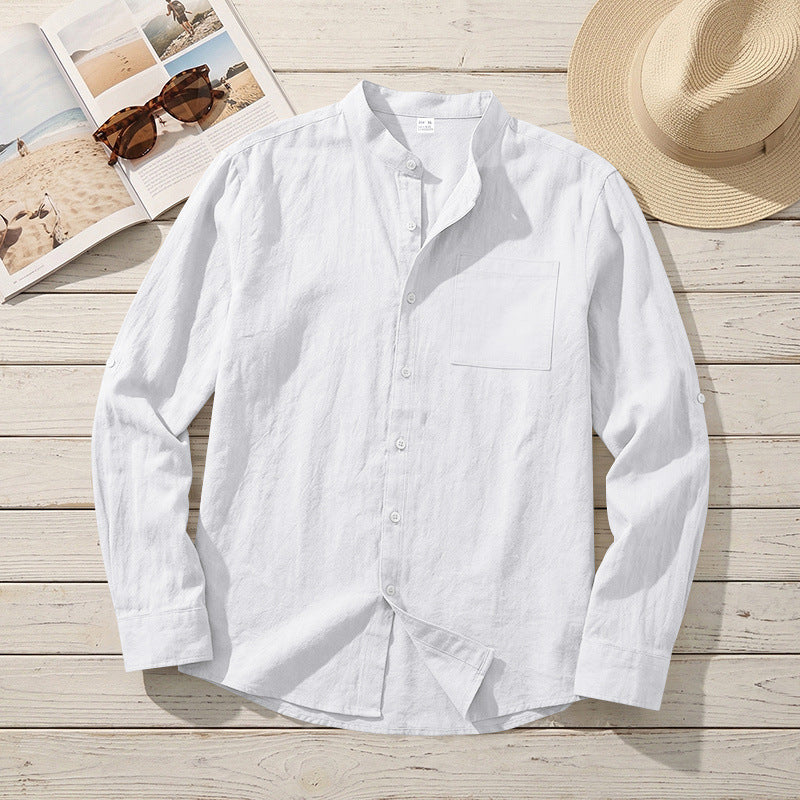 Men's American-Style Linen Blend Shirt – Stand-Up Collar Relaxed Fit