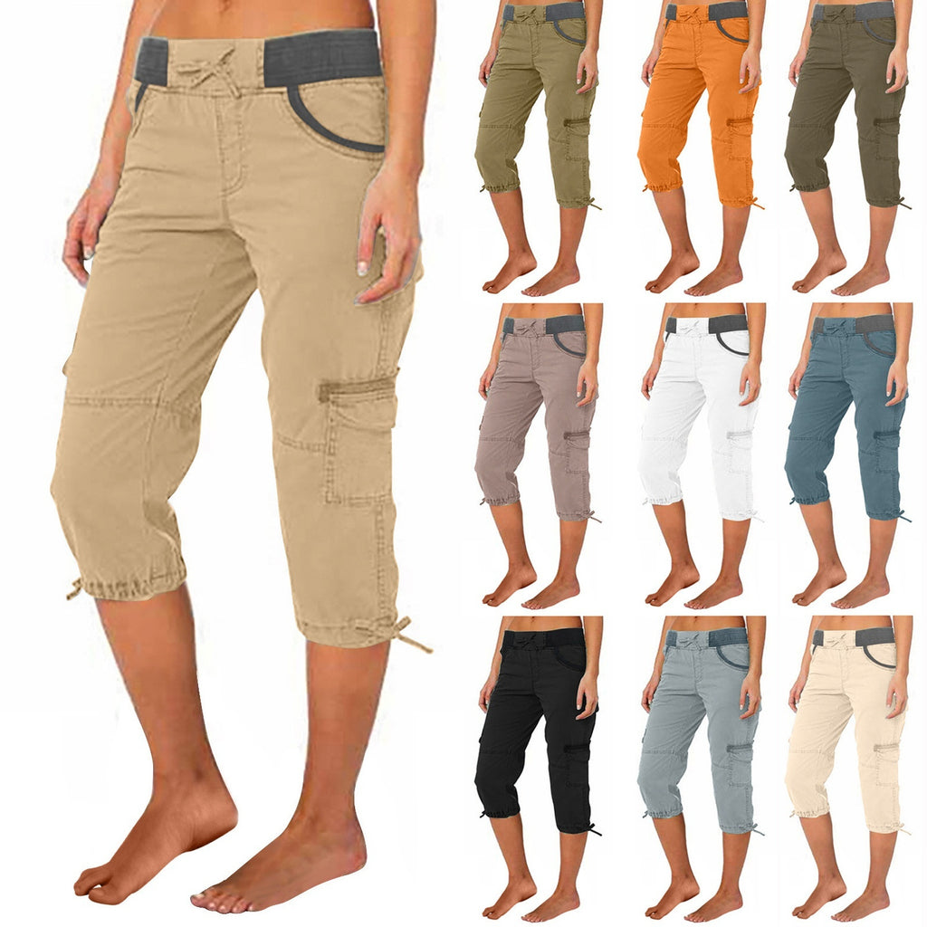 Women's A-Line Loose Wide-Leg Cropped Pants – Adjustable Mid-Rise Cotton