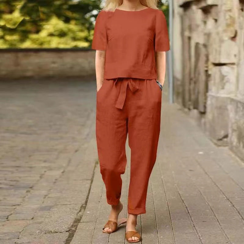Women's Linen Cotton Summer Set – Short Sleeve Vintage Two-Piece with Capri Pants