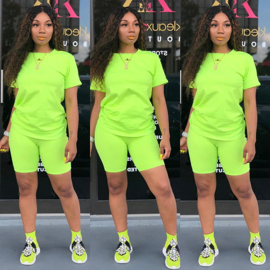 Summer Solid Color Two-Piece Set – Short Sleeve T-Shirt & Culotte Shorts