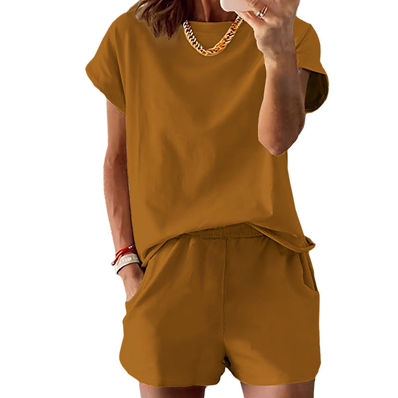 Women's Short-Sleeve Shorts Set – Summer Round Neck Two-Piece