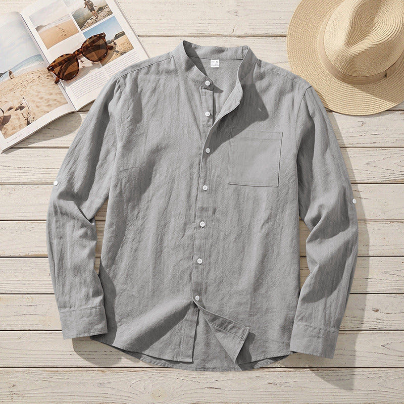 Men's American-Style Linen Blend Shirt – Stand-Up Collar Relaxed Fit