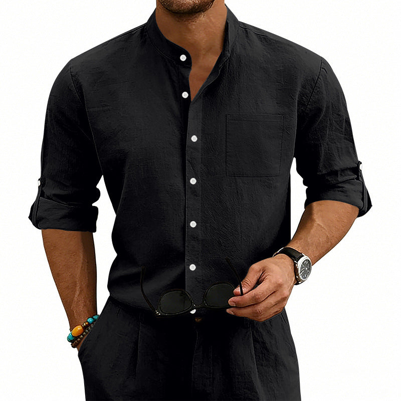 Men's American-Style Linen Blend Shirt – Stand-Up Collar Relaxed Fit