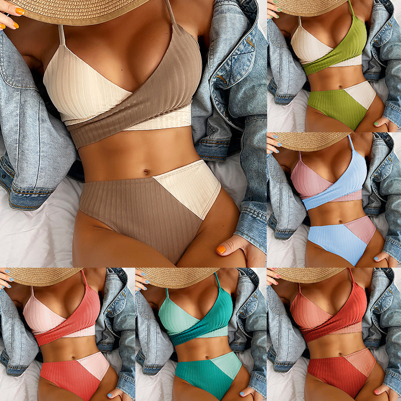 Bikini Patchwork Swimwear – Ribbed Knot Back Ruched Butt Women's Swimsuit