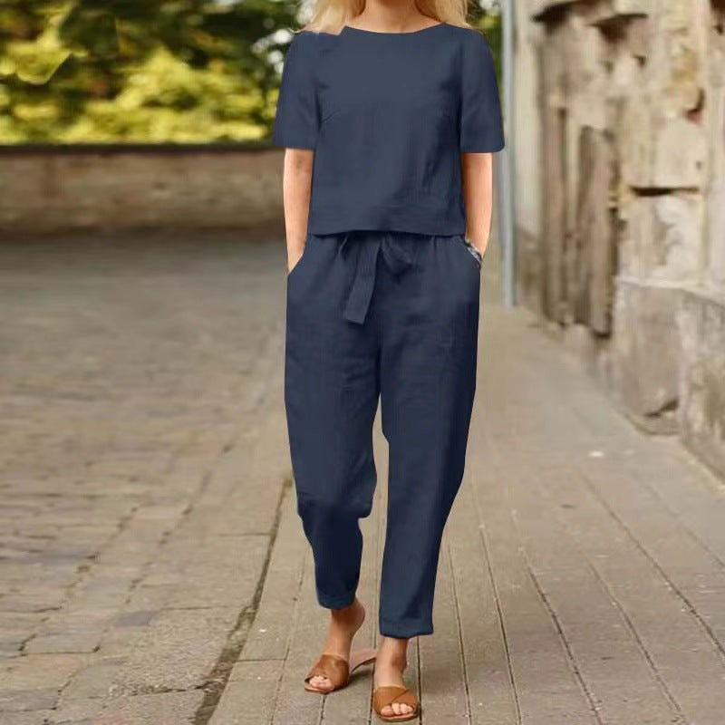 Women's Linen Cotton Summer Set – Short Sleeve Vintage Two-Piece with Capri Pants