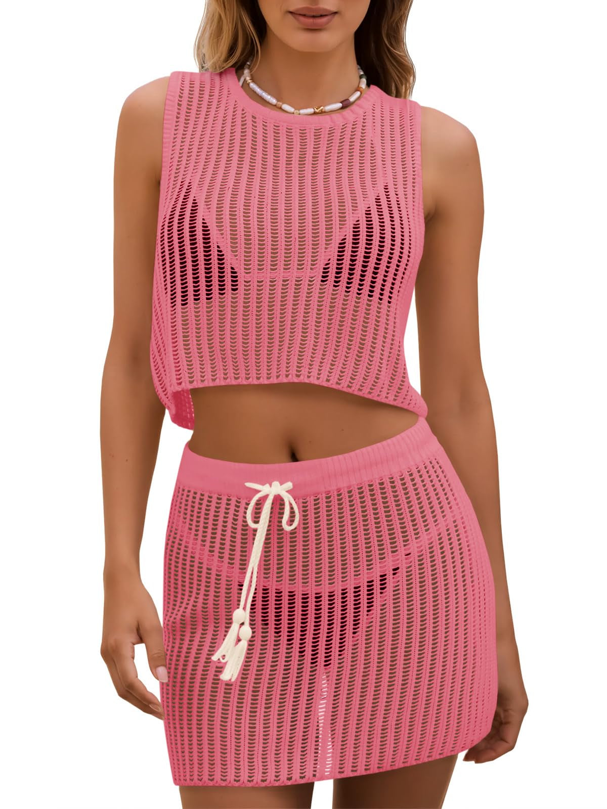 2-Piece Crochet Set – Sleeveless Crop Top & Mini Skirt Beach Cover Up