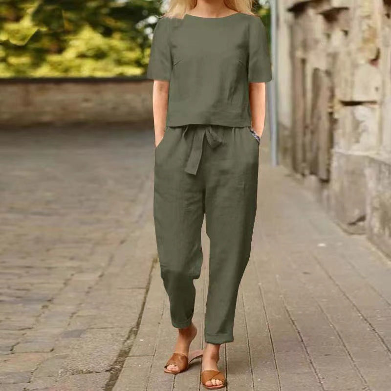 Women's Linen Cotton Summer Set – Short Sleeve Vintage Two-Piece with Capri Pants