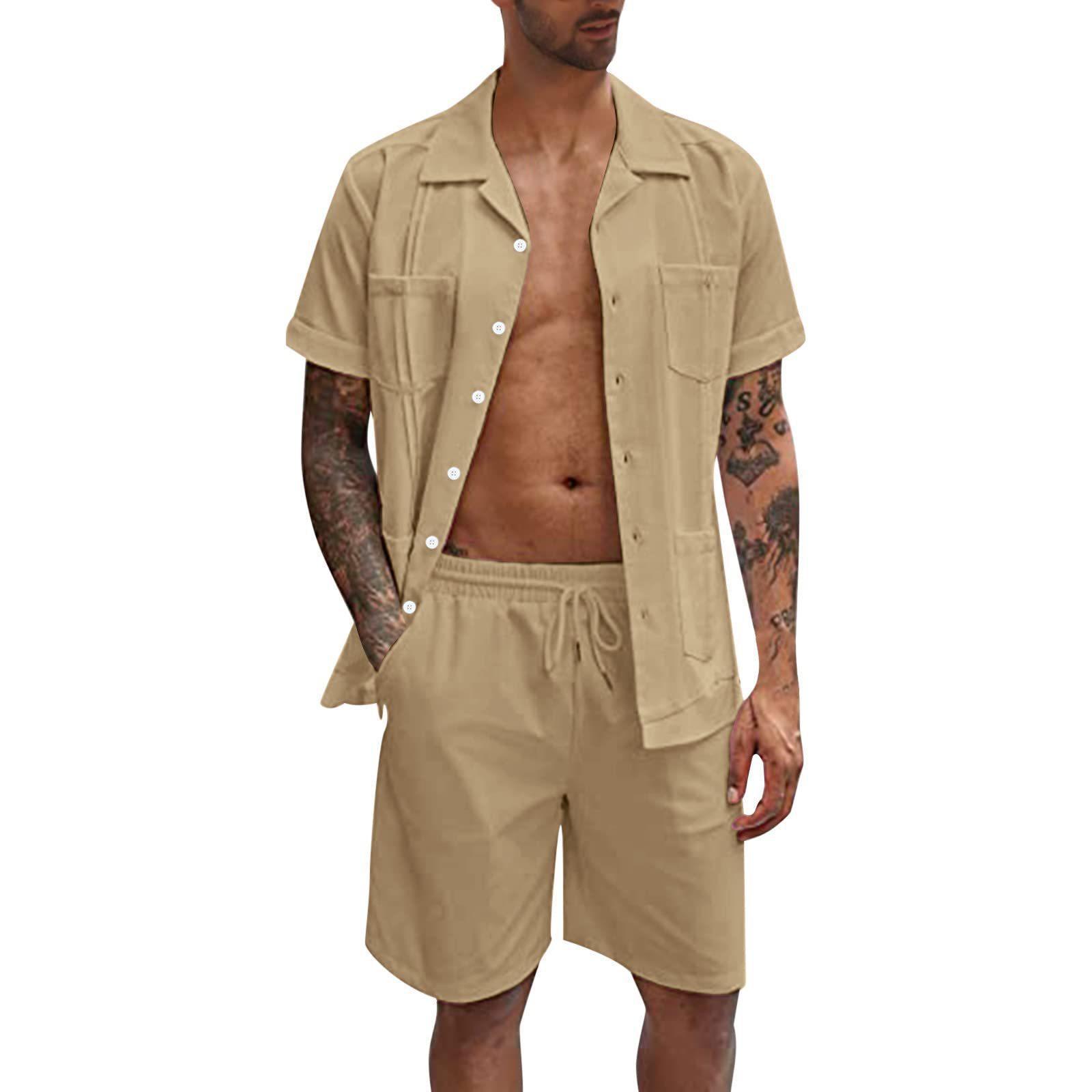 Men's Linen Short Sleeve Shirt & Shorts Set – Loose Casual Summer Two-Piece