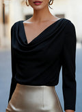 Elegant Solid-Color Draped Pleated V-Neck Blouse For Women