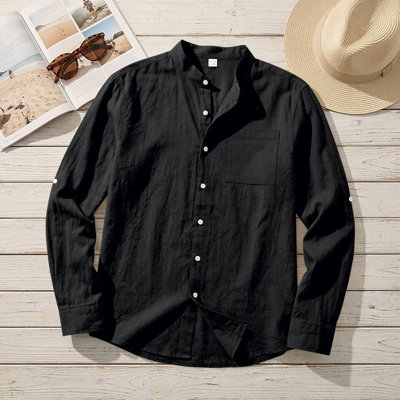Men's American-Style Linen Blend Shirt – Stand-Up Collar Relaxed Fit