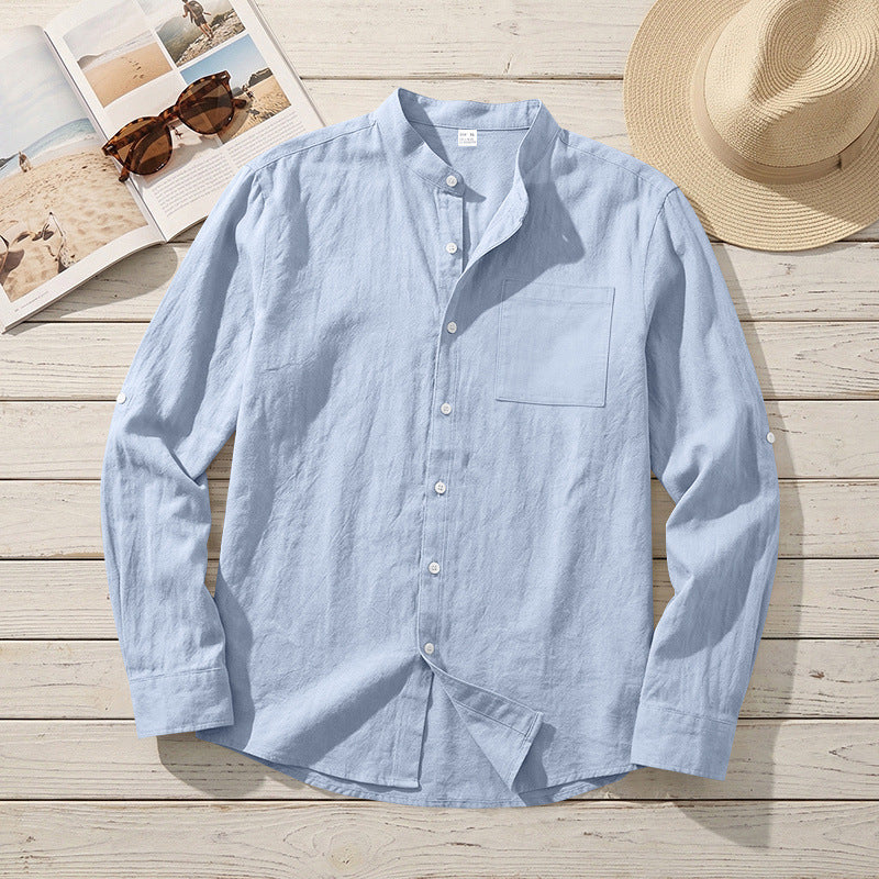 Men's American-Style Linen Blend Shirt – Stand-Up Collar Relaxed Fit