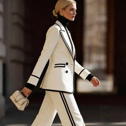 Women's Double Breasted Blazer & Suit Pants Set – Color Block Long Sleeve