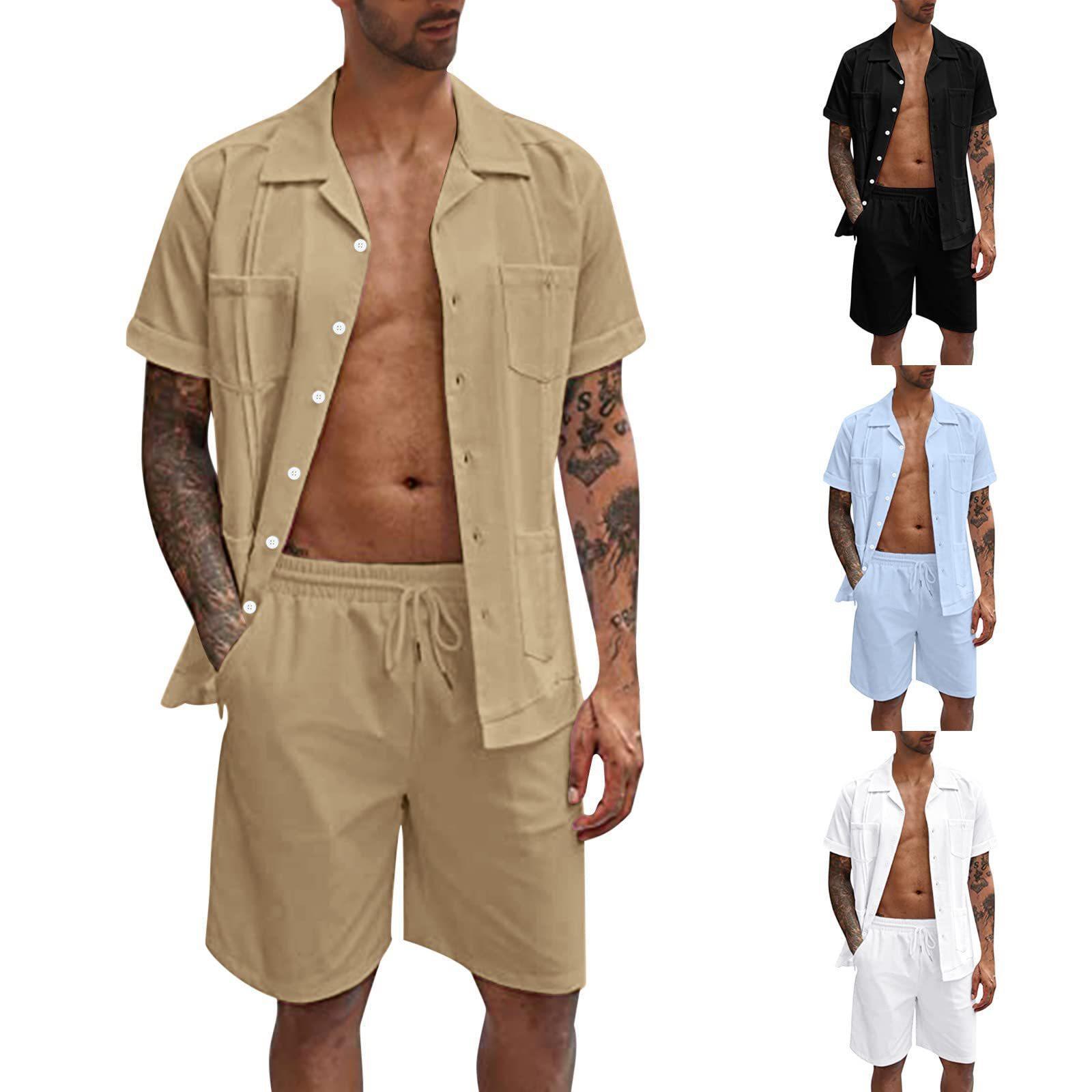 Men's Linen Short Sleeve Shirt & Shorts Set – Loose Casual Summer Two-Piece
