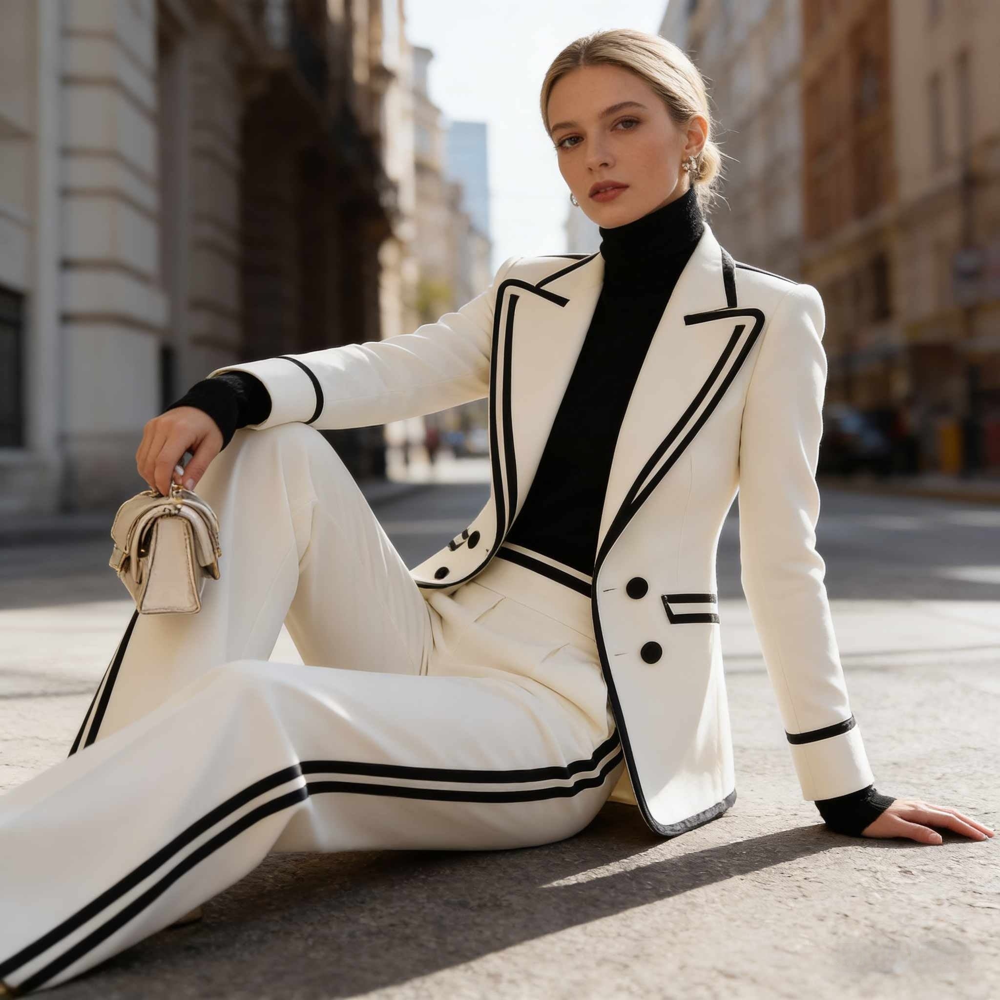 Women's Double Breasted Blazer & Suit Pants Set – Color Block Long Sleeve