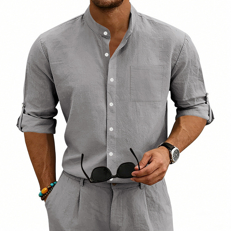 Men's American-Style Linen Blend Shirt – Stand-Up Collar Relaxed Fit