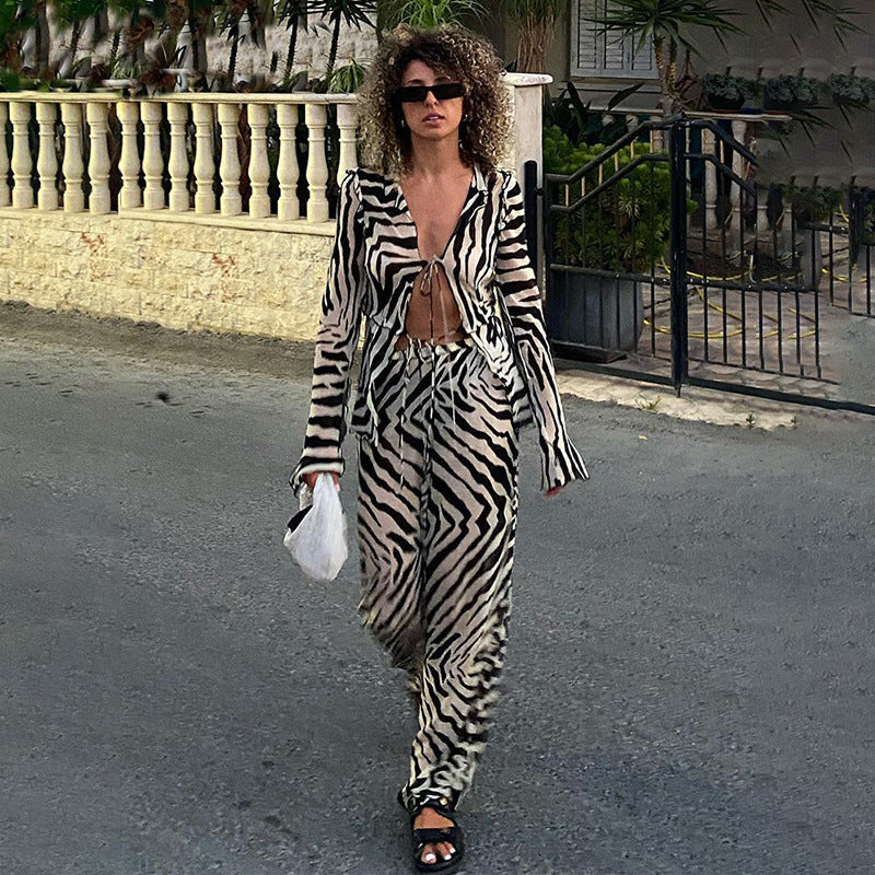 Animal Print Chiffon Two-Piece Set — Cutout Tie Top & High-Rise Pants