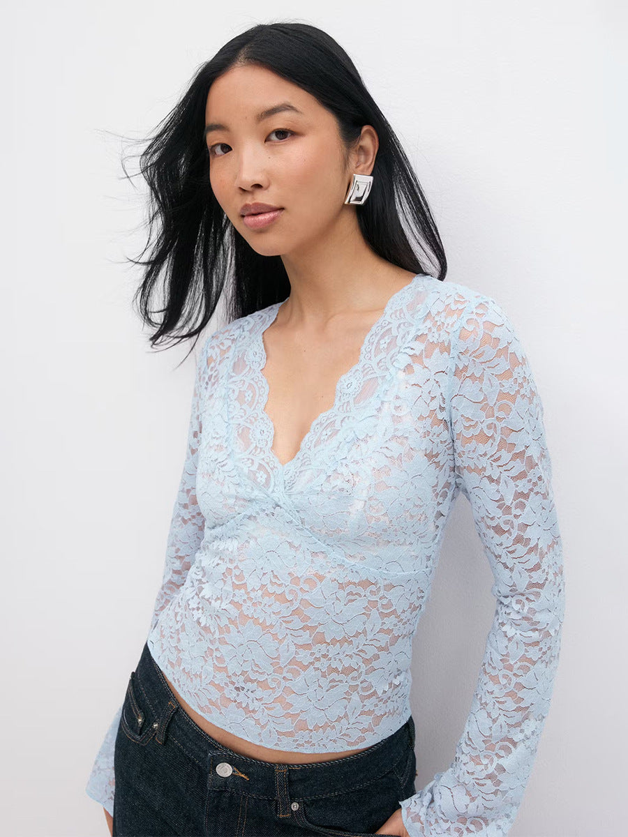 Spitzen-Langarmshirt mit V-Ausschnitt