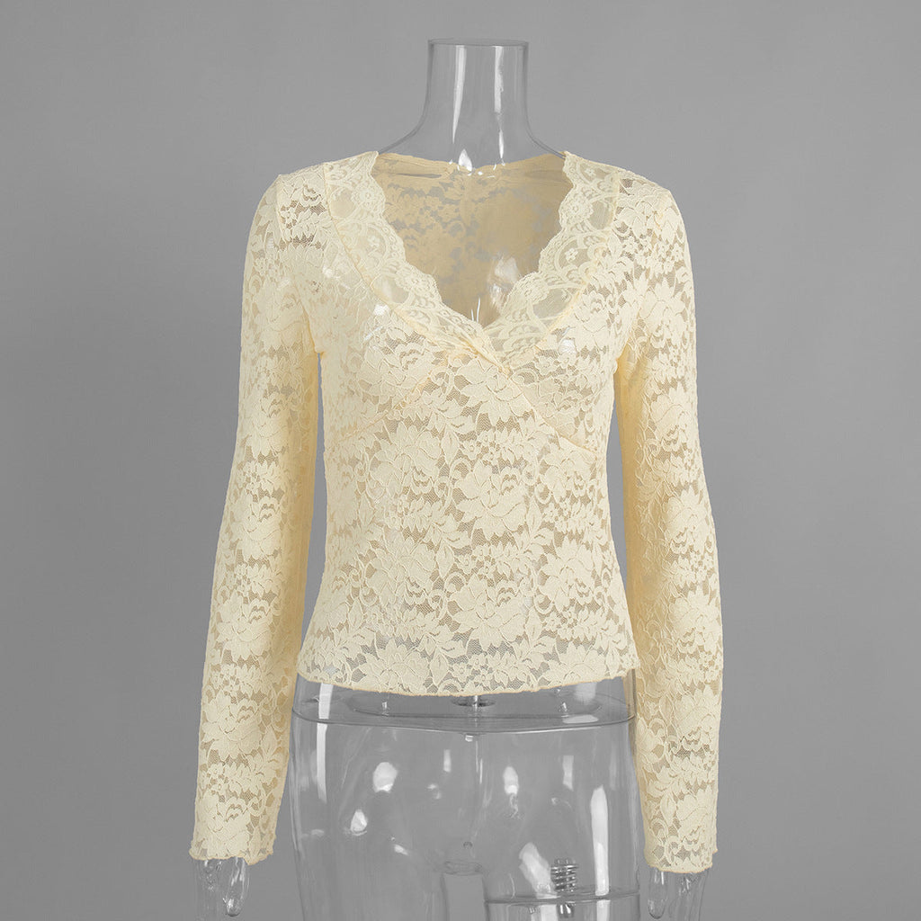 Lace V neck Long Sleeve Shirt