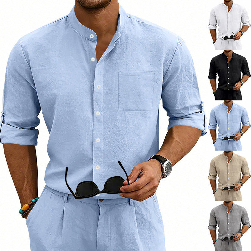 Men's American-Style Linen Blend Shirt – Stand-Up Collar Relaxed Fit