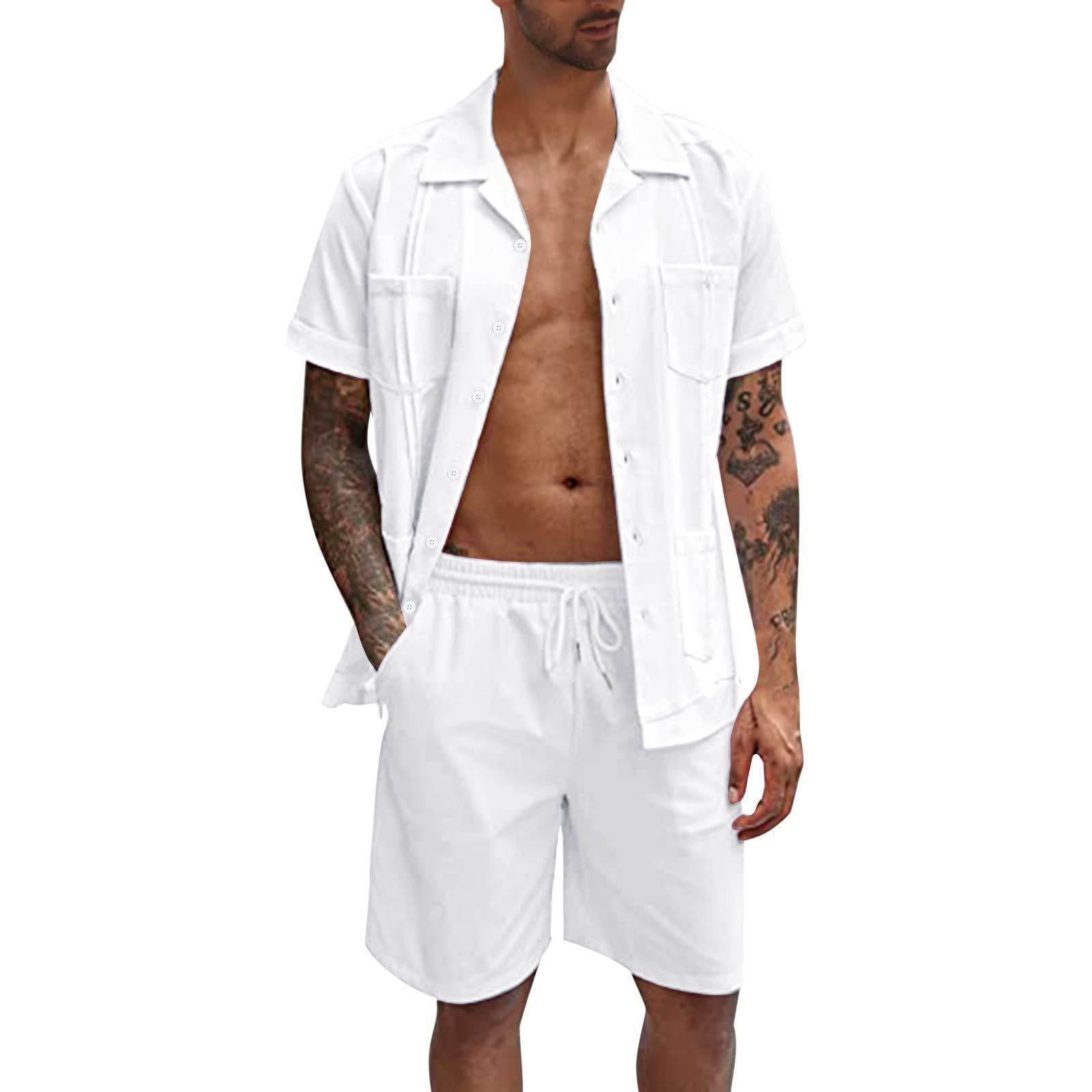 Men's Linen Short Sleeve Shirt & Shorts Set – Loose Casual Summer Two-Piece