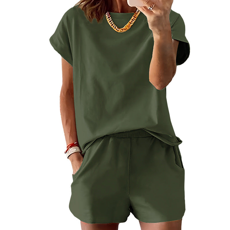 Women's Short-Sleeve Shorts Set – Summer Round Neck Two-Piece