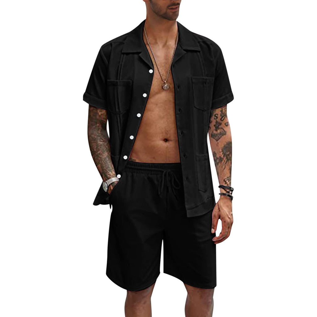 Men's Linen Short Sleeve Shirt & Shorts Set – Loose Casual Summer Two-Piece
