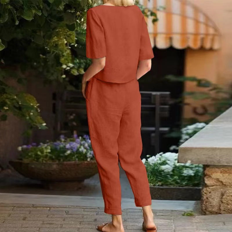Women's Linen Cotton Summer Set – Short Sleeve Vintage Two-Piece with Capri Pants