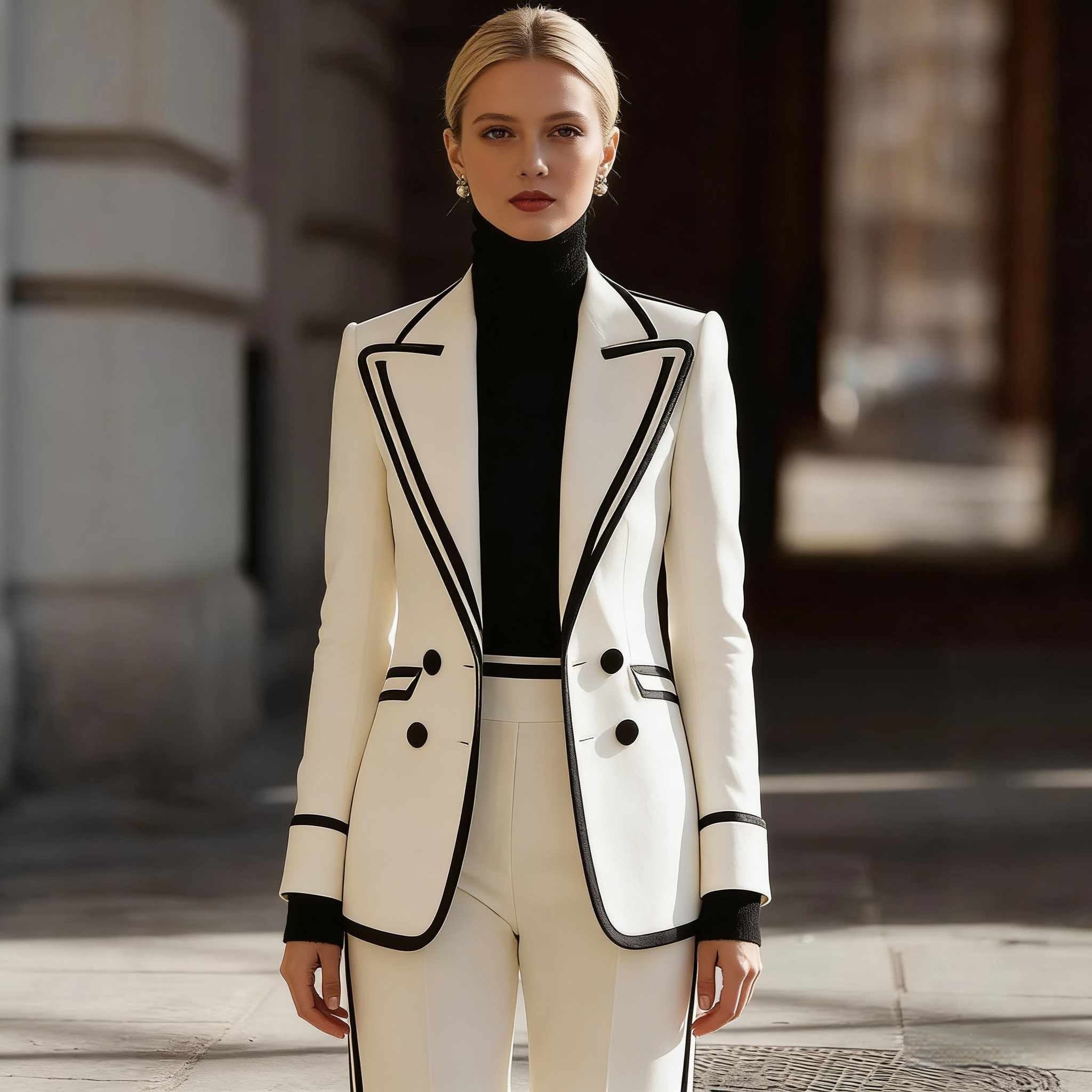 Women's Double Breasted Blazer & Suit Pants Set – Color Block Long Sleeve