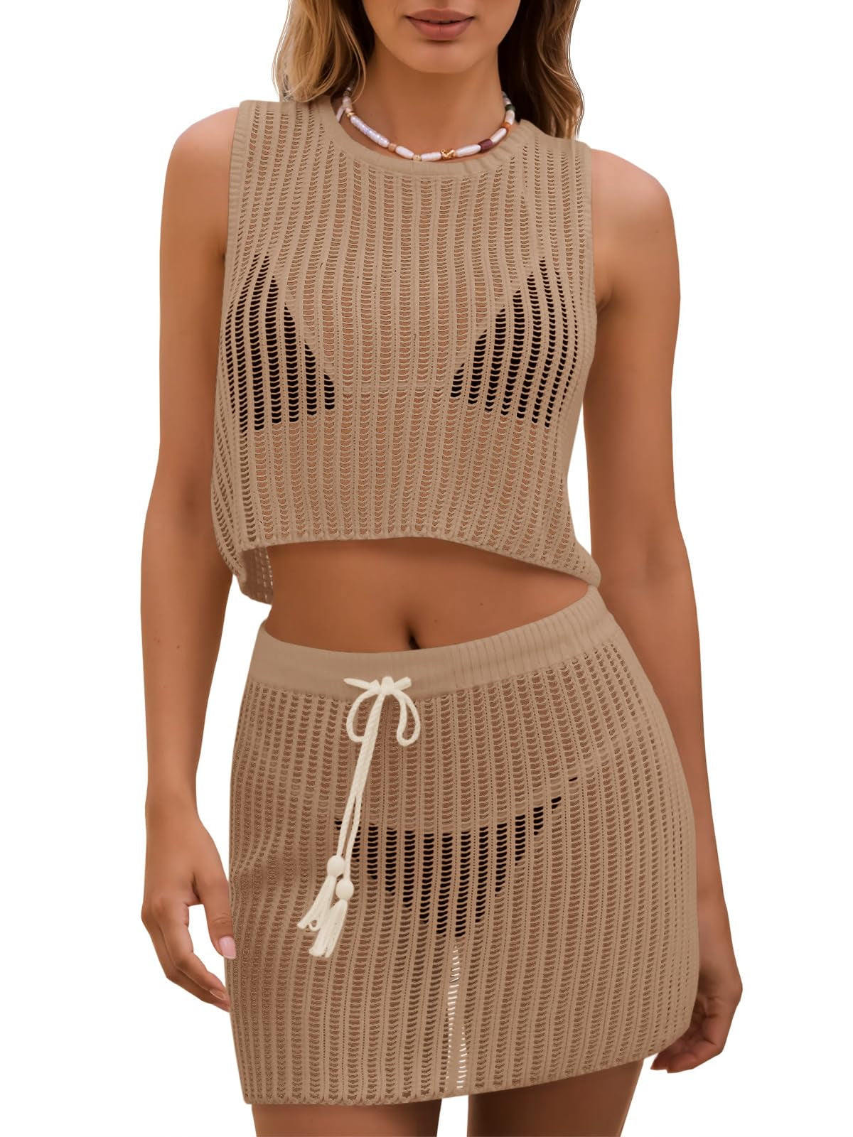 2-Piece Crochet Set – Sleeveless Crop Top & Mini Skirt Beach Cover Up