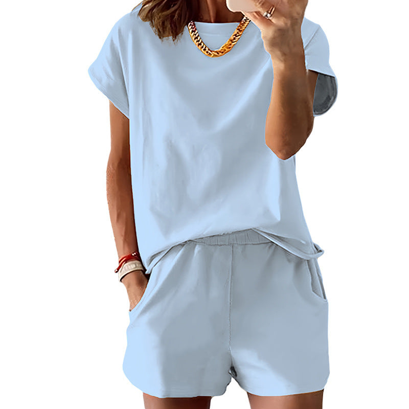 Women's Short-Sleeve Shorts Set – Summer Round Neck Two-Piece
