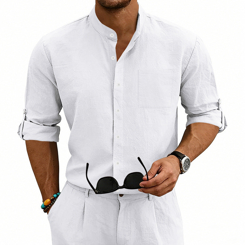 Men's American-Style Linen Blend Shirt – Stand-Up Collar Relaxed Fit