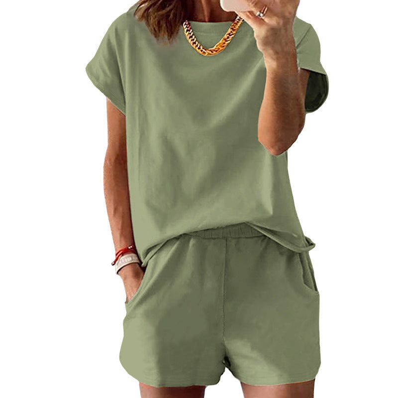 Women's Short-Sleeve Shorts Set – Summer Round Neck Two-Piece