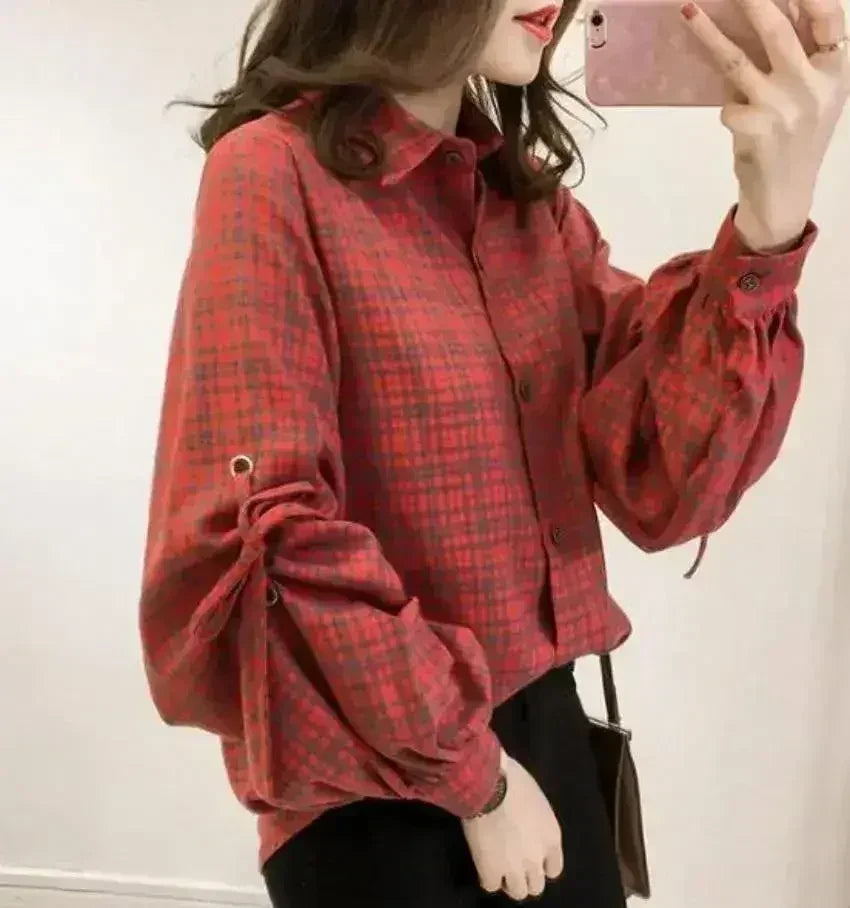 Women Loose Fit Plaid Shirt w/Bell Sleeves