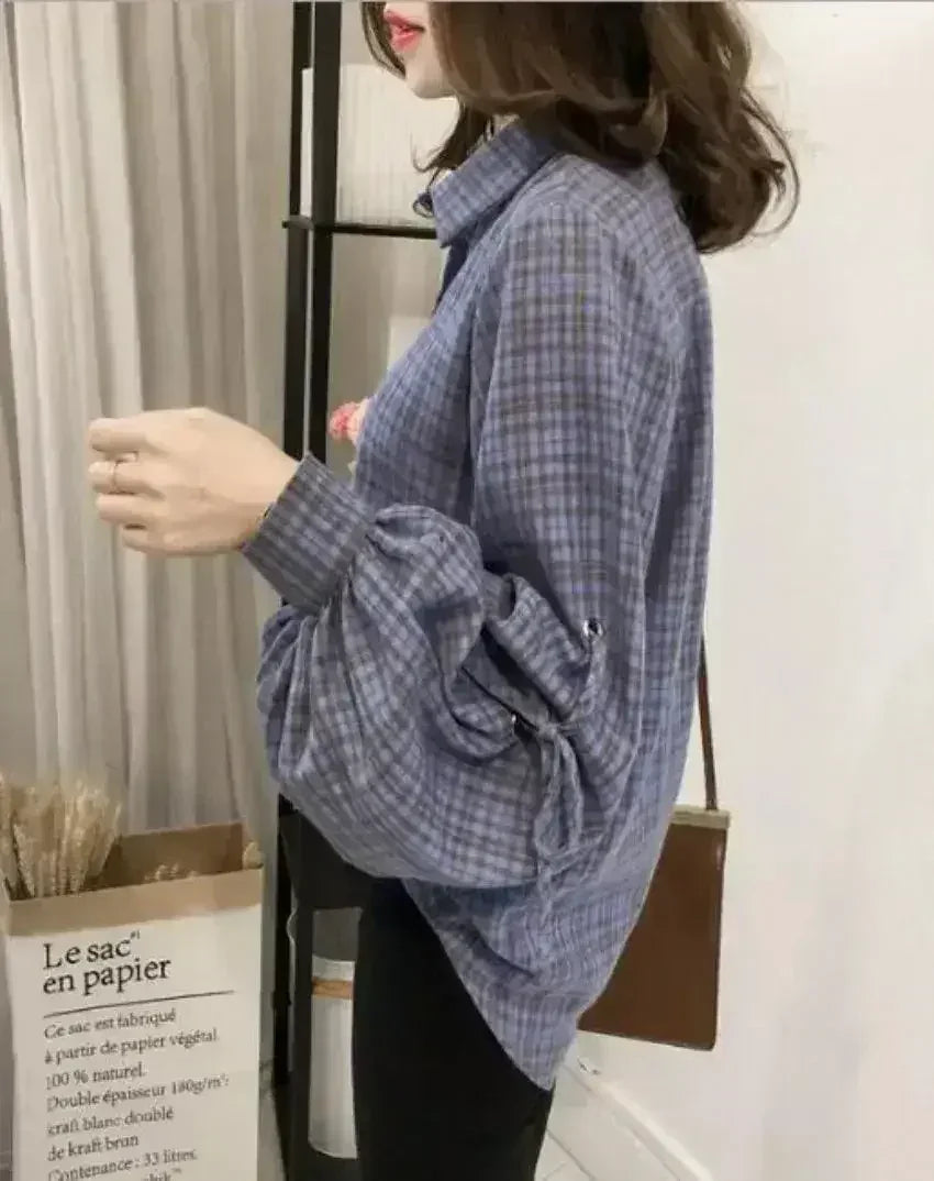 Women Loose Fit Plaid Shirt w/Bell Sleeves