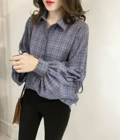 Women Loose Fit Plaid Shirt w/Bell Sleeves