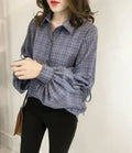 Women Loose Fit Plaid Shirt w/Bell Sleeves